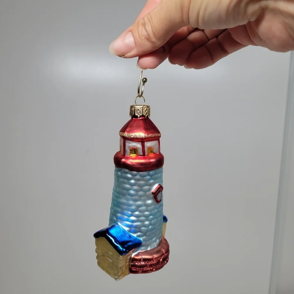 VTG Blown Glass lighthouse‎ Ornament Red Blue Glitter Ocean Coastal Holiday Gift